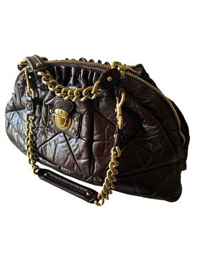 MARC JACOBS Cabra Quilted Dark Brown Leather Shoulder Bag Gold Hardware ITALY